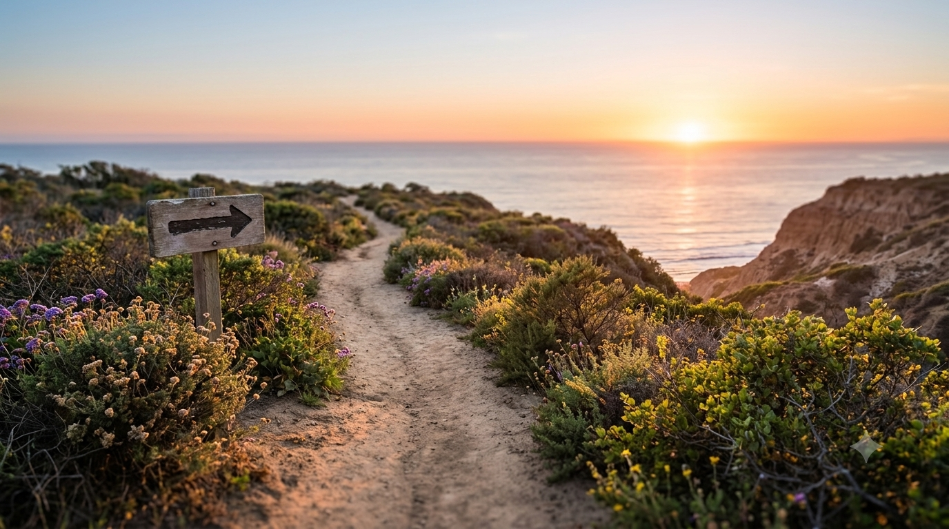 A winding coastal trail at sunset, showing couples how to stop arguing and find a path forward.